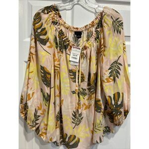 Sanctuary Island Tropical Smocked Abstract Gauze Off The Shoulders Top Large NWT